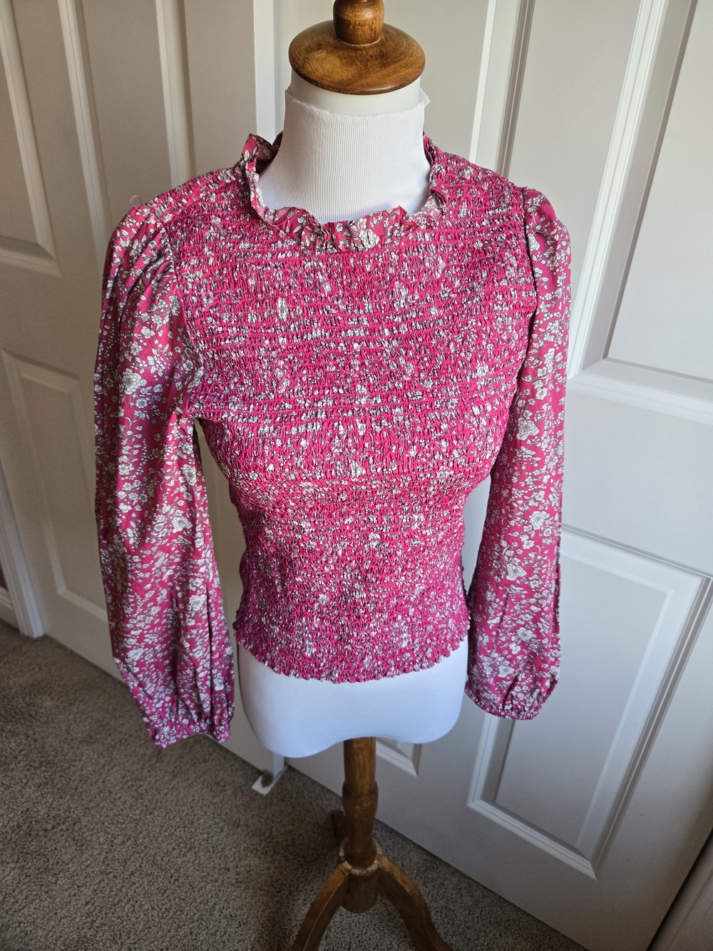 J. Crew Pink Floral Smocked Ruffle-Neck Blouse - Small